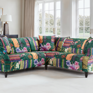 fabric green patchwork 2c2 seater corner sofa avici shout
