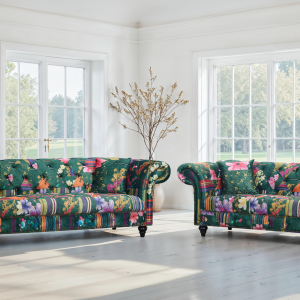 fabric green patchwork 3 + 2 seater scroll arm chesterfield sofa set portofino