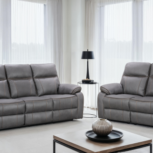 faux leather grey 3 + 2 seater manual recliner sofa set with contrast stitching vegas
