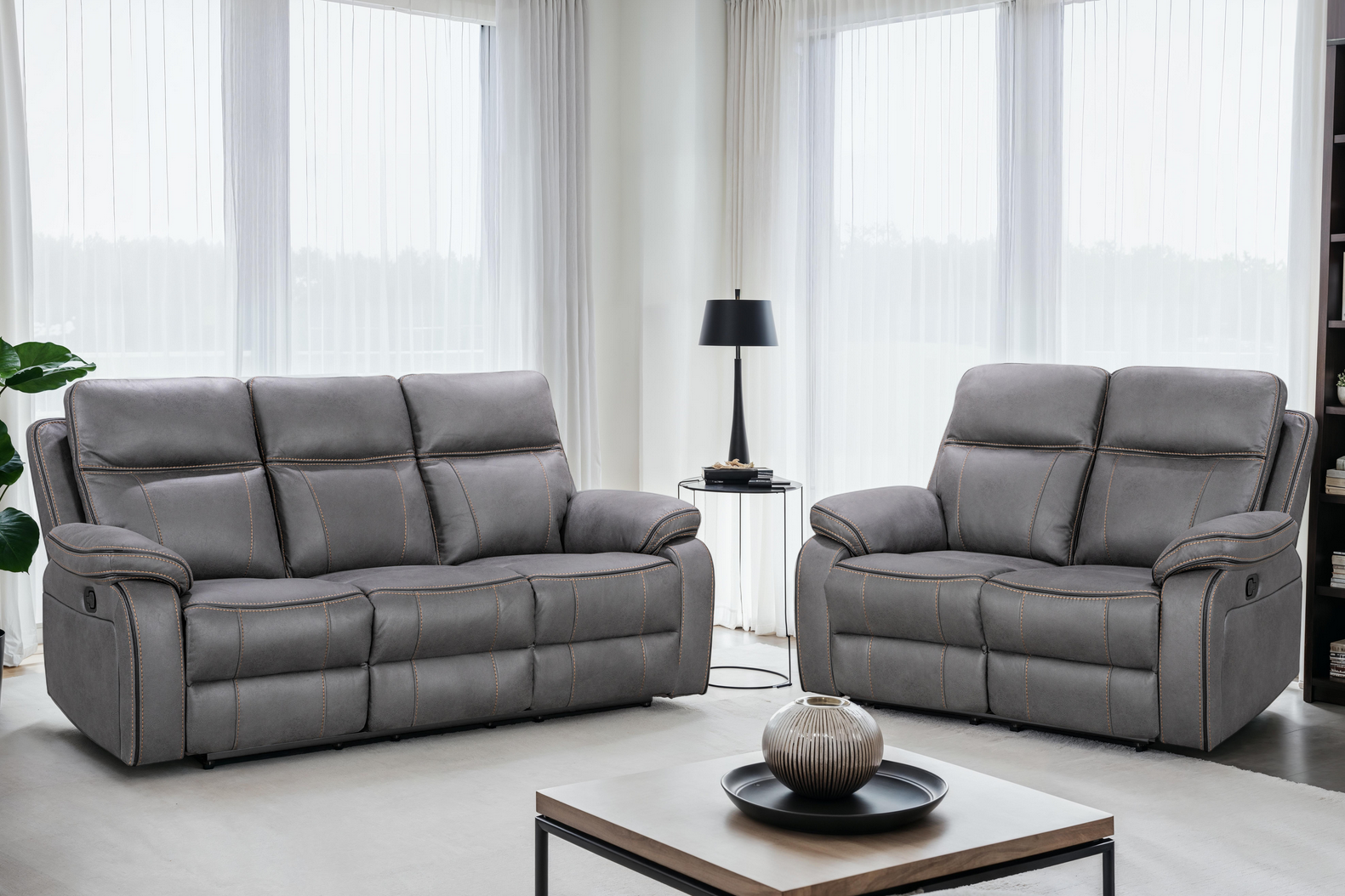faux leather grey 3 + 2 seater manual recliner sofa set with contrast stitching vegas faux leather grey 3 + 2 seater manual recliner sofa set with contrast stitching vegas