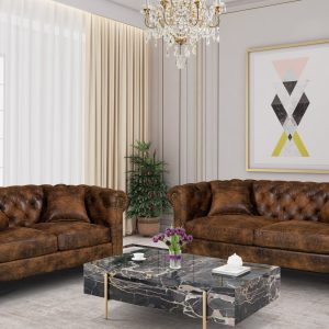 faux leather suede brown 3 + 2 seater chesterfield sofa set with wooden feet camden