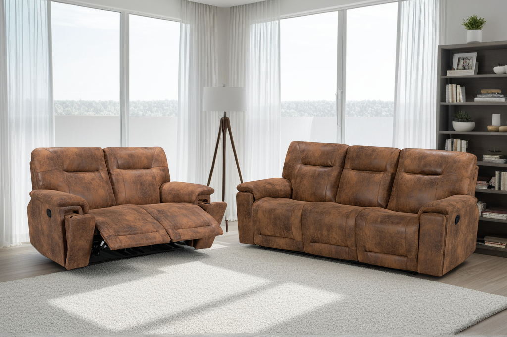 faux leather suede brown 3 + 2 seater manual recliner sofa set murcia faux leather suede brown 3 + 2 seater manual recliner sofa set murcia