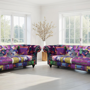 multicoloured fabric patchwork 3 + 2 seater scroll arm chesterfield sofa set portofino