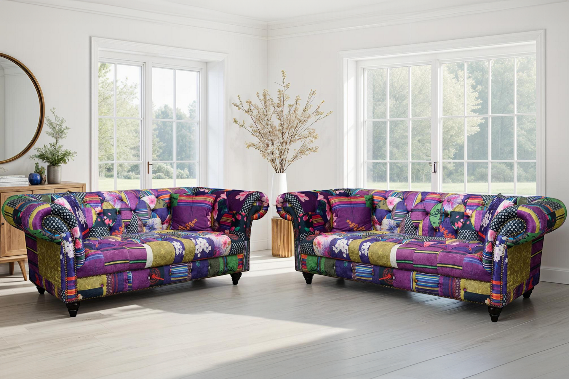 multicoloured fabric patchwork 3 + 2 seater scroll arm chesterfield sofa set portofino multicoloured fabric patchwork 3 + 2 seater scroll arm chesterfield sofa set portofino