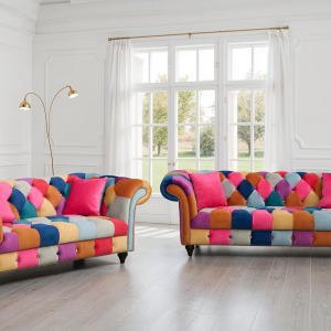 multicoloured velvet patchwork 3 + 2 seater scroll arm chesterfield sofa set portofino