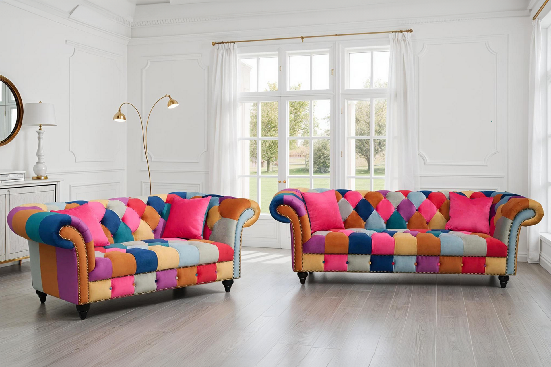 multicoloured velvet patchwork 3 + 2 seater scroll arm chesterfield sofa set portofino multicoloured velvet patchwork 3 + 2 seater scroll arm chesterfield sofa set portofino