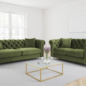 velvet sage green 3 + 2 seater chesterfield sofa set with acrylic feet camden