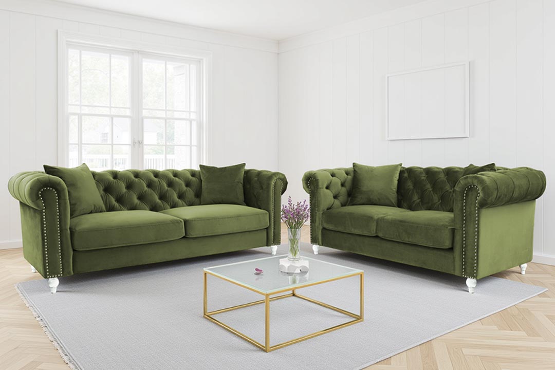 velvet sage green 3 + 2 seater chesterfield sofa set with acrylic feet camden velvet sage green 3 + 2 seater chesterfield sofa set with acrylic feet camden